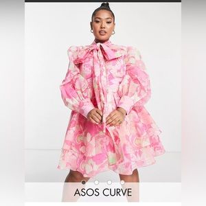 ASOS LUXE Curve chiffon mini swing dress with pussybow in pink floral plussize